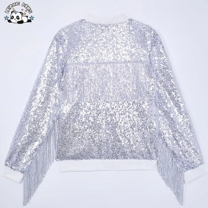 Customizable Girls Silver Sequin Bomber Jacket Tassel Soft Lining Design Cotton Collar Kids Fashion Outerwear - Image 2