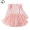 Customizable Chic Ruffle Sleeve Long Sleeves Dress Girls Costume Gold Foil Print Tulle Dress for Girl - Image 2