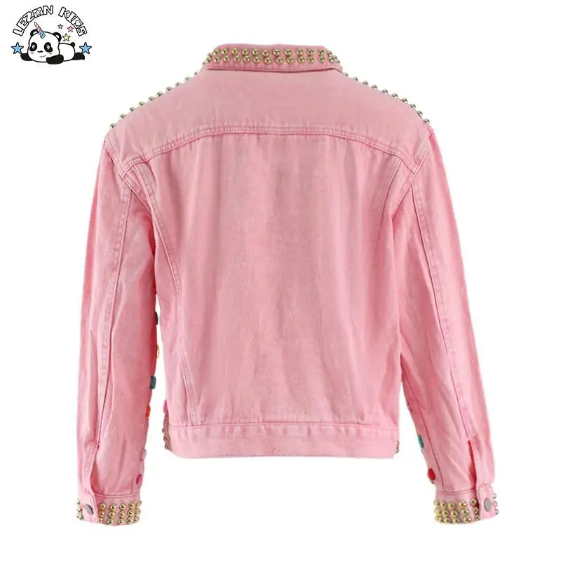 Customizable New Style Pink Colorful Gems Decoration Jeans Zip Jacket Girls Denim Jacket for 2-14T - Image 2