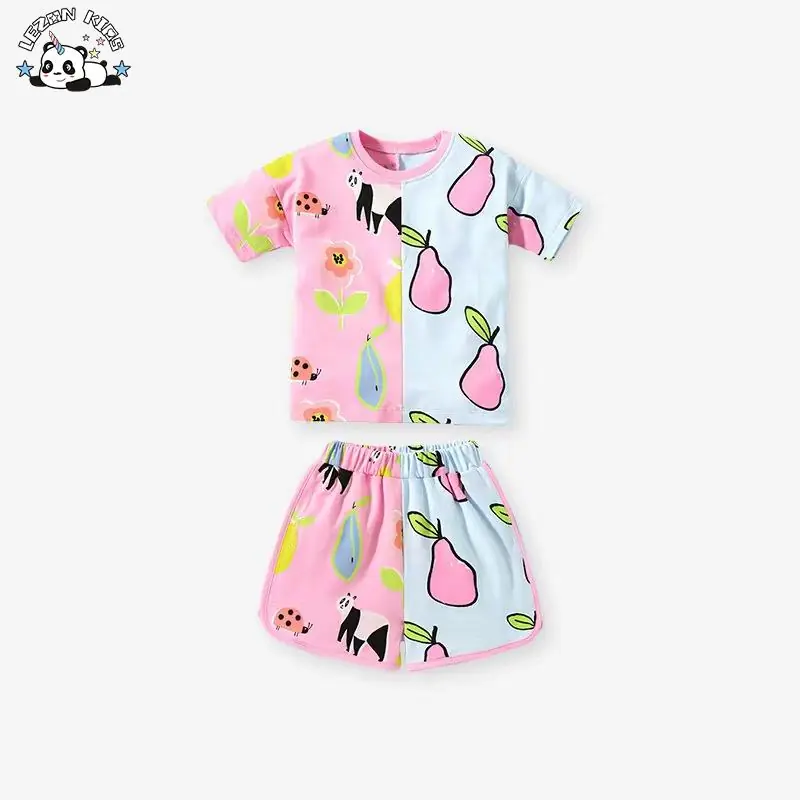 Wholesale Customizable Little Cute Pattern Printing Summer Short Sleeved Suits Girls Clothing Sets for 2-14 Year - Image 2