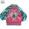 Metallic Faux Leather Blue Sleeves Hot Pink Satin Bomber Coats Girls Puff Jackets with Crystal Rainbow Sequin Tiger Patch - Image 2