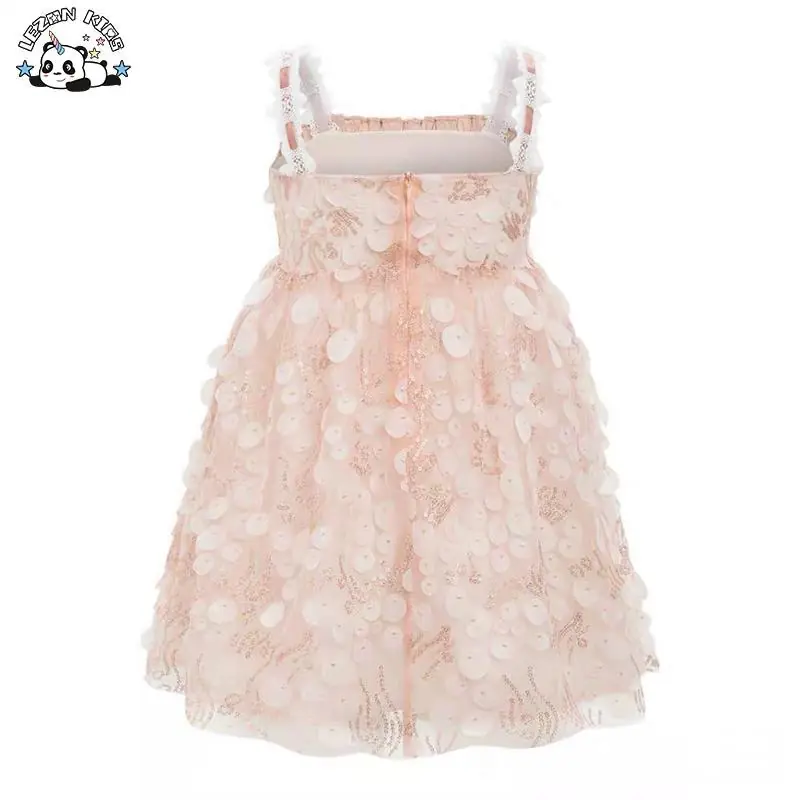 Customizable Sparkle Iridescent Suspender Floral Sequin Girls Tulle Dress for Summer