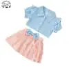 Custom Cute Faux Soft Denim Top Solid Butterfly Skirt Kids Toddler Girl Set Girls Clothing Sets - Image 2