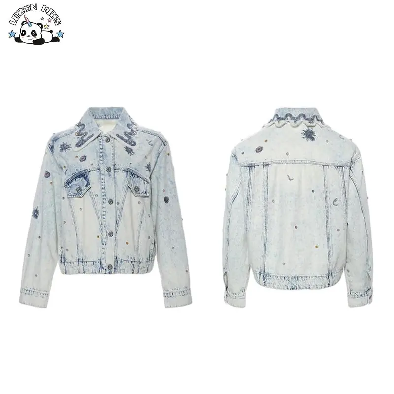 Fashion Vintage  Crystal Beads Embroidery Custom Printed Girls Jacket Washed Denim Girls Jacket - Image 2