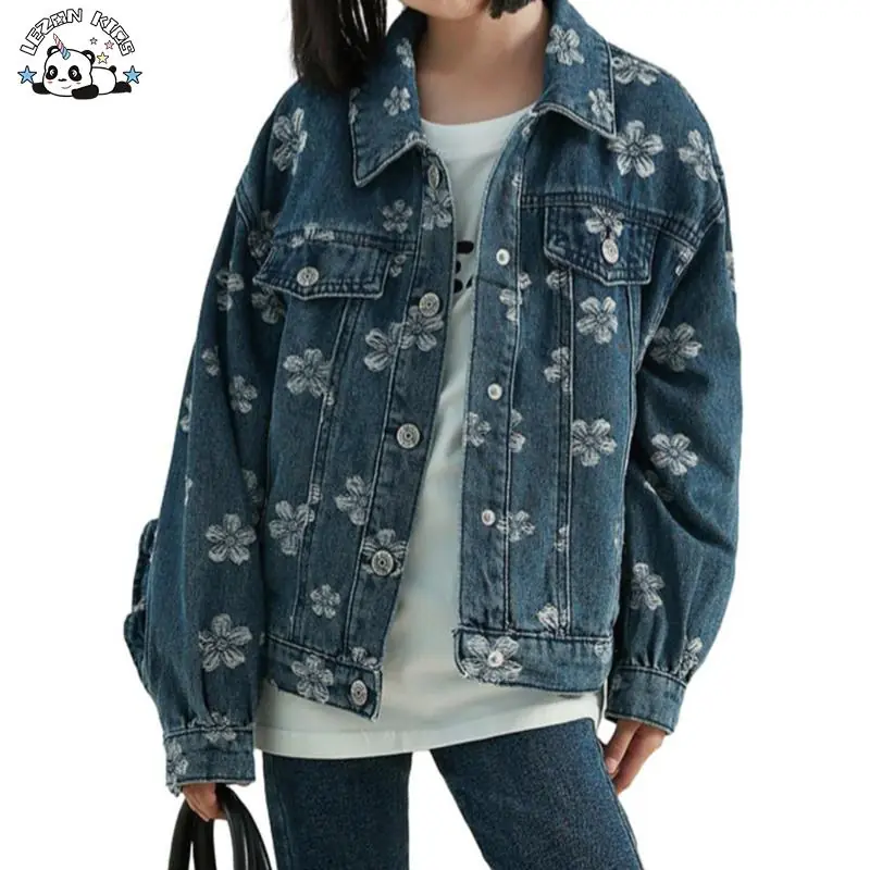 Fashionable Custom Wash Embroidery Floral Girls Jacquard Flower Jackets Kids Girls Denim Jacket - Image 2