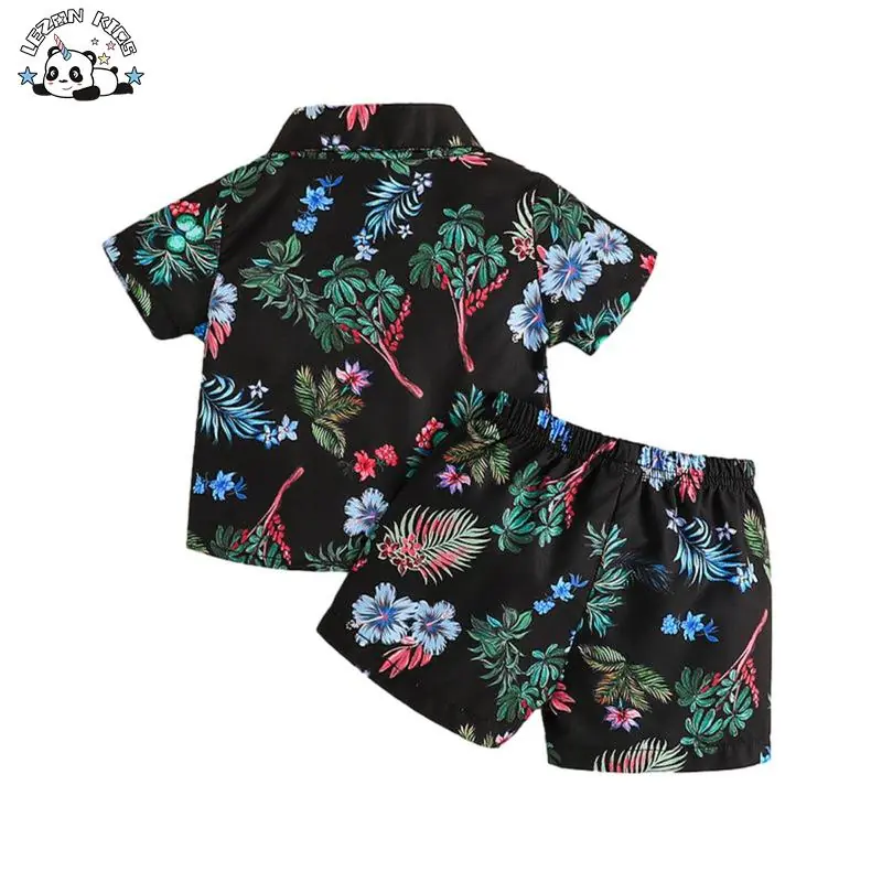 Summer Vacation Holiday Style Floral Polo Shirt and Shorts 2pcs Children Boys Clothing Set - Image 2