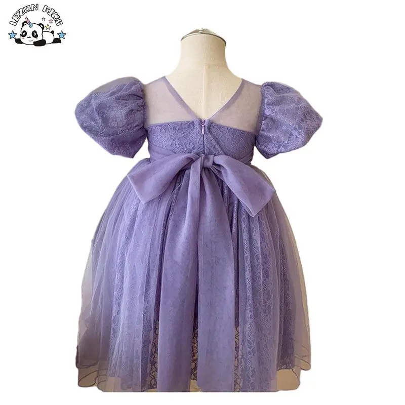 Wholesale Custom Puff Sleeve Purple Mesh Party Dress Girls Tulle Dresses for Summer - Image 2