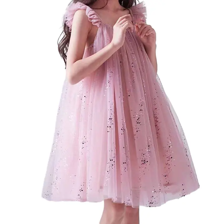 Customizable Wholesale High Quality Latest Design Frocks Flying Sleeve Blue Soft Tulle Dresses for Kids Girls - Image 3