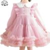 Customizable Boutique Design Long Sleeves Bow Knot Birthday pink Tulle Dresses Girls Tulle Princess Party Dress - Image 3