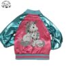Metallic Faux Leather Blue Sleeves Hot Pink Satin Bomber Coats Girls Puff Jackets with Crystal Rainbow Sequin Tiger Patch - Image 3