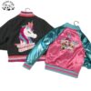 Metallic Faux Leather Blue Sleeves Hot Pink Satin Bomber Coats Girls Puff Jackets with Crystal Rainbow Sequin Tiger Patch - Image 4