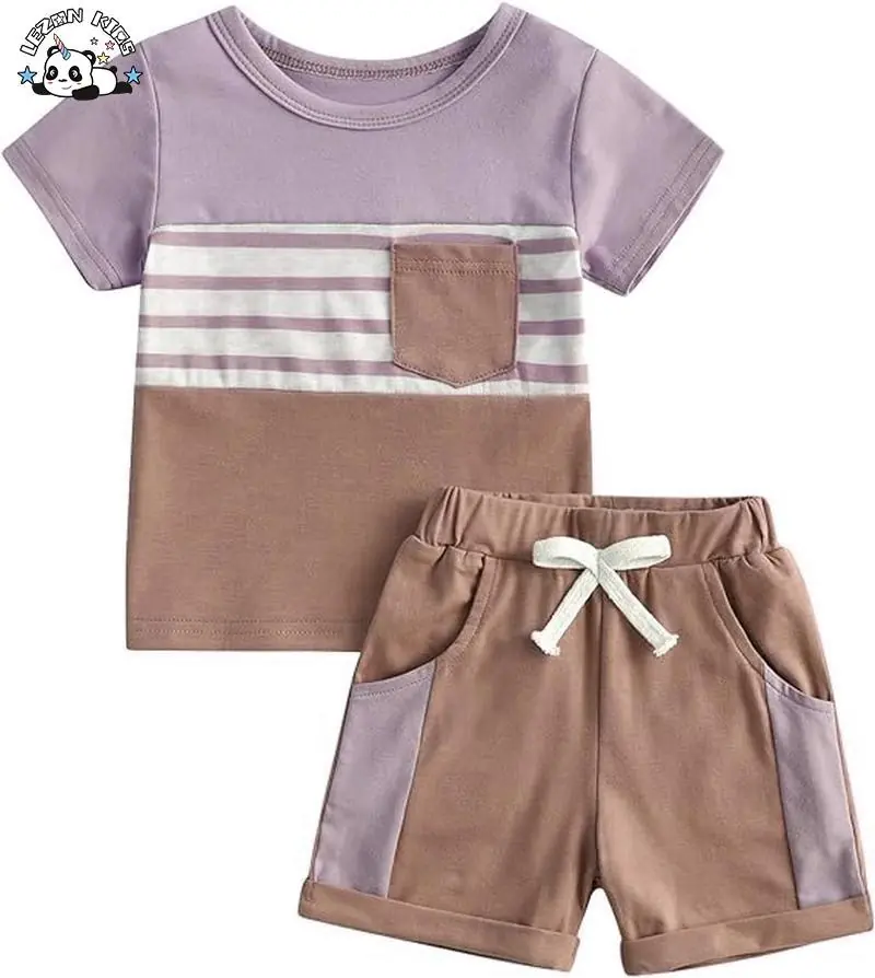 Customizable Wholesale Boy Cute Fashion Color Block Stripe Clothing Set Summer 2pcs Shirt Clothing Set