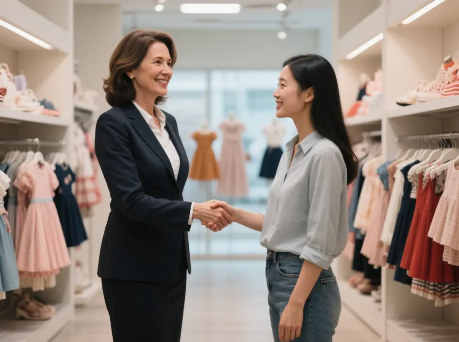 an usa business woman shake hands with a Chinese children clothing sales in showroom