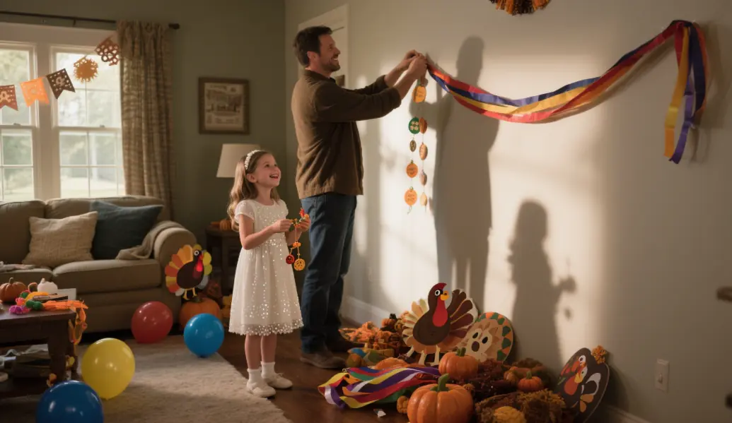 On Thanksgiving Day, a little girl dressed in a beaded dress and decorated the house with her father