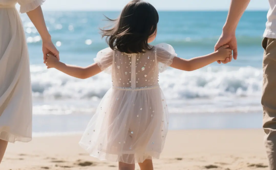 The childrens is playing with her parents by the seaside, wearing a beaded clothing.